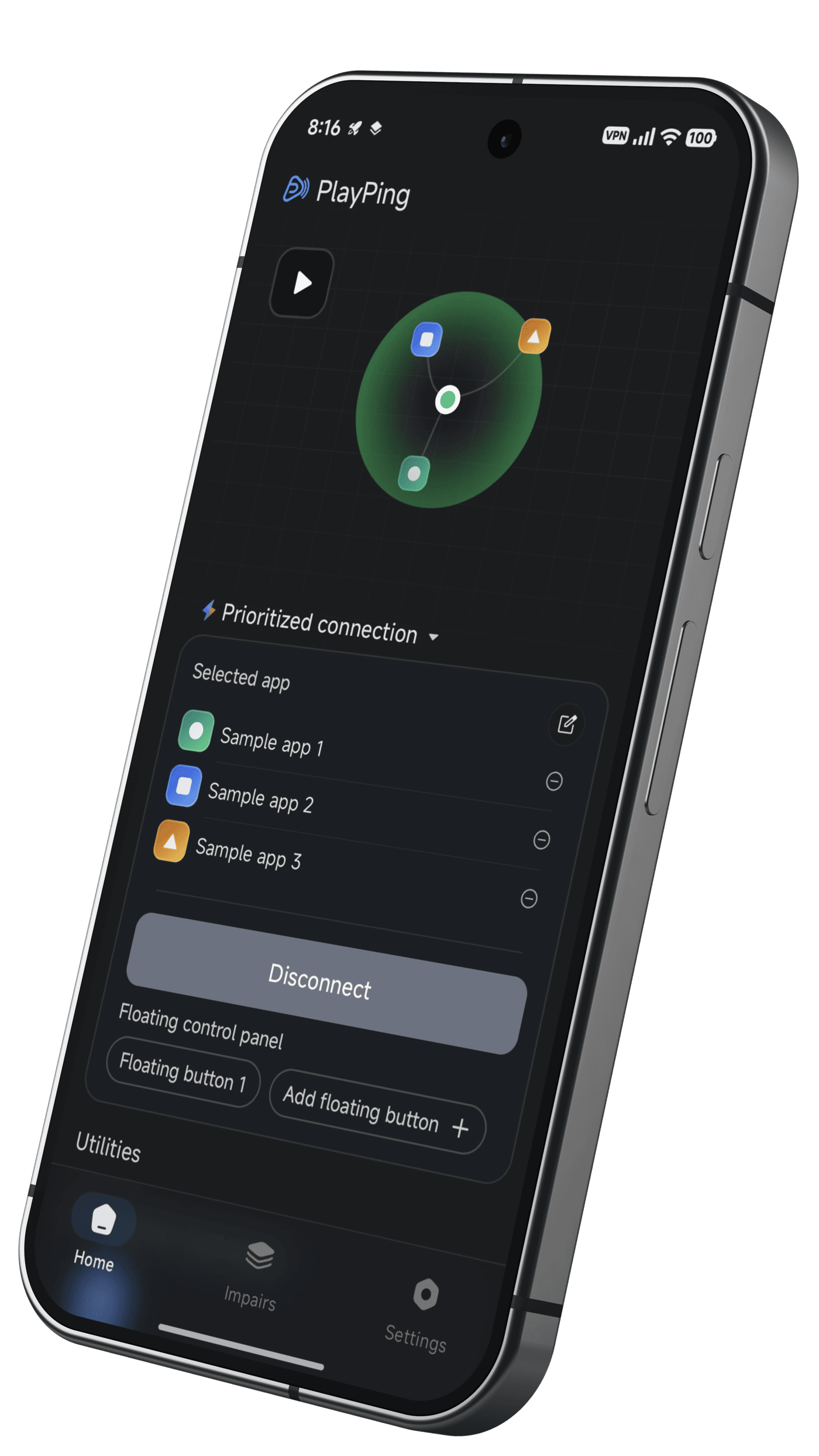 PlayPing app mockup shown on a 3D phone render.